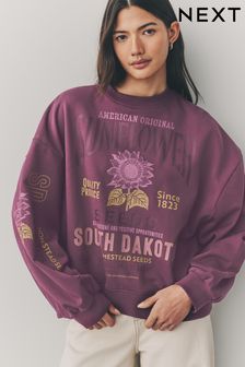 Mauve Purple Sunflower Floral Seed Sack Placement Graphic Crew Neck 100% Cotton Relaxed Fit Sweatshirt