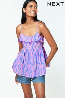 Pink Print 100% Cotton Strappy Cami Ruffle Summer Top