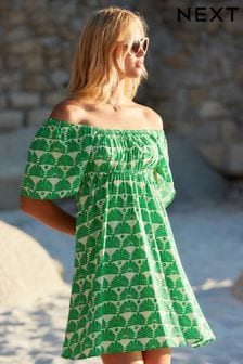 Green Palm Flutter Sleeve Summer Mini Dress