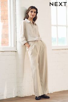 Natural Linen Blend Wide Leg Trousers