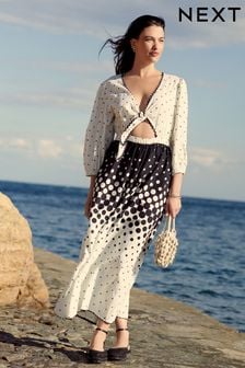 White/Black Long Sleeve Tie Summer Dress