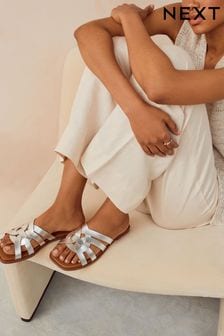 Silver Forever Comfort® Leather Lattice Mules Sandals