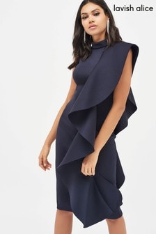 lavish alice draped frill scuba midi dress in green