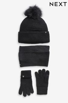 Black Soft Ribbed Hat, Gloves And Scarf Set (3-16yrs)