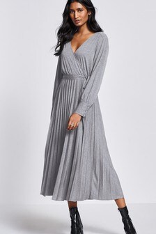 Grey Pleated Wrap Dress