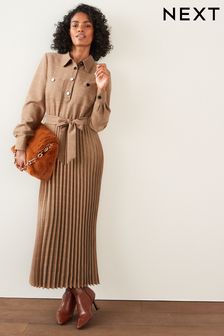 Brown Check Pleated Long Sleeve Belted Midi Shirt Dress