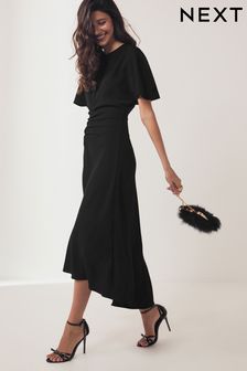 Black Short Sleeve Ruched Midi Dress