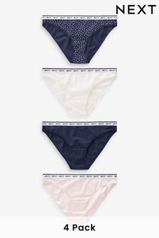 Cream/Navy Blue/Pink Cotton Rich Logo Knickers 4 Pack