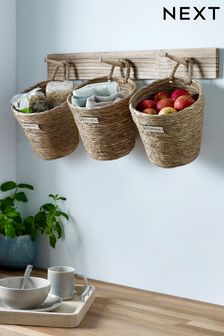 Natural Set of 3 Natural Wall Hanging Rope Kitchen Storage Baskets