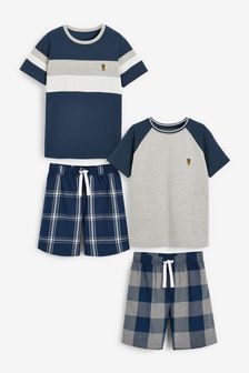 Blue/ Grey 2 Pack Check Short Pyjamas (3-16yrs)