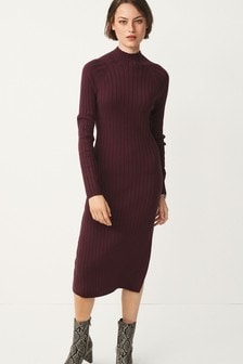 Berry Red High Neck Ribbed Midi Dress