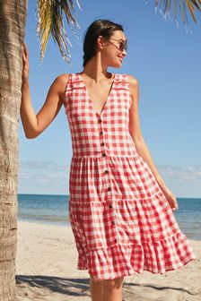 Red/White Gingham Linen Mix Button Through Summer Dress