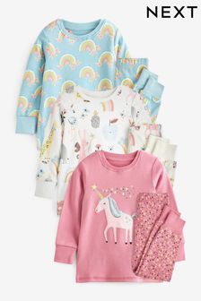 Pink/Blue 3 Pack Cotton Snuggle Pyjamas With Appliqué Unicorn (9mths-8yrs)