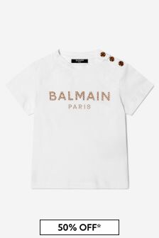 Balmain Girls White Cotton Branded T-Shirt