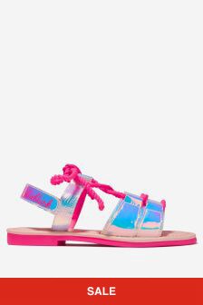 BILLIEBLUSH Girls White Leather & Lace Snake Design Sandals in Pink