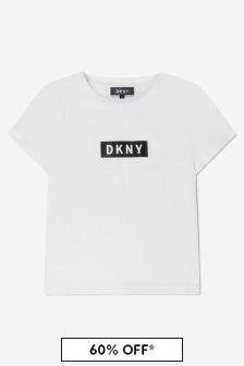 تيشرت قطن عضوي أبيض بشعار للبنات من DKNY