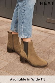 Tan Brown Suede Forever Comfort® Leather Block Heel Chelsea Boots