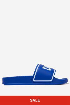 حذاء مفتوح جلد أزرق بشعار للأطفال من Dolce & Gabbana