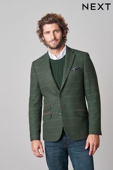 Green Herringbone Check Wool Blend Blazer