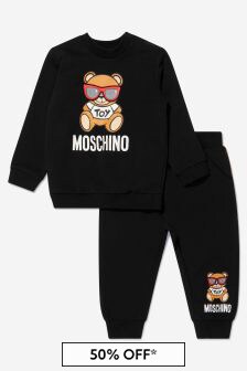 بدلة رياضية قطن سوداء بشعار دمية دب للبيبي من الجنسين من Moschino Kids