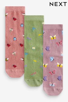 Flowers/Bees/Butterflies Sparkle Ankle Socks 3 Pack