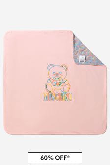 Moschino Kids Baby Girls Cotton Teddy Toy Logo Blanket in Pink