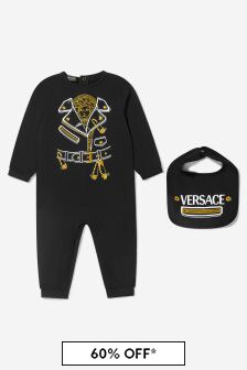 Versace Baby Unisex Trompe L'oleil Babygrow And Bib 2 Piece Gift Set in Black