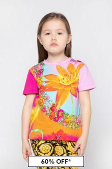 Versace Girls Cotton Jersey Logo Flower Print T-Shirt in Multi