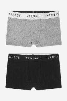 Versace Boys Cotton Logo Band Boxer Shorts 2 Pack in Grey