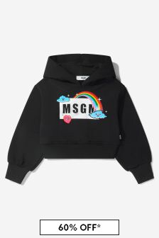 MSGM Girls Cotton Cropped Logo Hoodie in Black