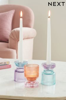 Multi Set of 3 Multi Ribbed Glass Tealight and Taper Candle Holders