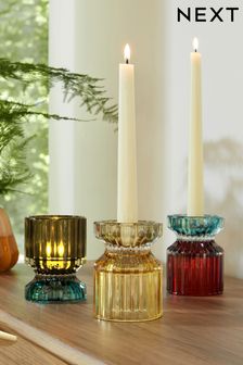 Multi Set of 3 Multi Ribbed Glass Tealight and Taper Candle Holders