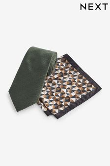 Forest Green Geometric Tie And Pocket Square Set