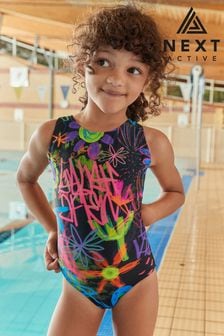 Black Graffiti Floral Sports Swimsuit (3-16yrs)