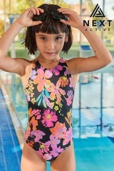 Black/Pink Floral Sports Swimsuit (3-16yrs)