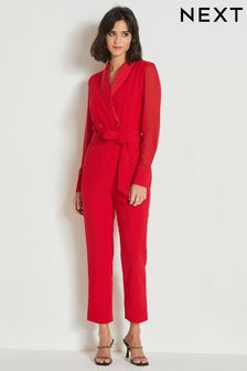 Red Sheer Sleeve Tuxedo Jumpsuit