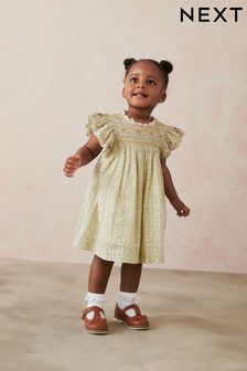 Sage Green Embroidered Shirred Frill Sleeve Dress (3mths-8yrs)