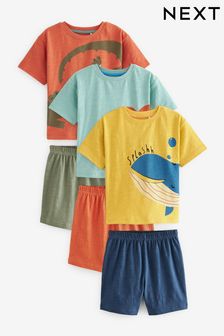 Muted Orange/Blue/Yellow Animal Short Sleeve 3 Pack Pyjama Set (9mths-12yrs)