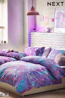 Purple Neon Hearts 2 Pack Duvet Cover and Pillowcase Set