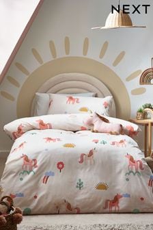 Natural Scandi Unicorn Printed Polycotton Duvet Cover and Pillowcase Bedding