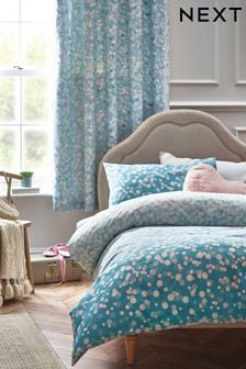 Teal Blue Printed Polycotton Duvet Cover and Pillowcase Bedding