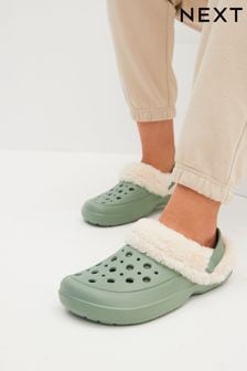 Green Faux Fur Lined Clog Slippers Womens