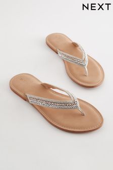 Silver Forever Comfort® Leather Embellished Toe Thong Sandals