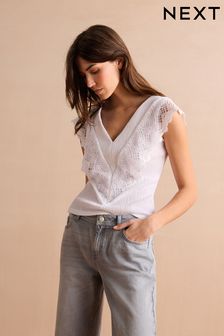 White Short Sleeve Crochet Trim Top