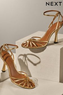 Gold Premium Leather Cage Heeled Sandals