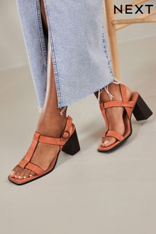 Orange Forever Comfort® Leather T-Bar Block Heel Sandals