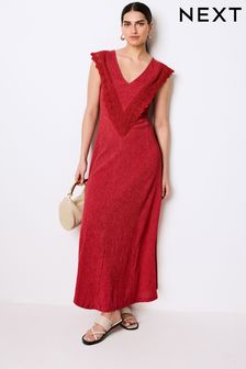 Red Crochet V-Neck Midi Dress