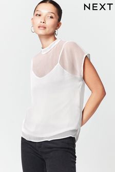 White Sheer Layer Cap Sleeve Top