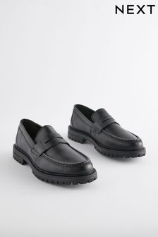 Black Leather Cleated Saddle Loafers