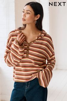 Brown Stripe Button Neck Hoodie